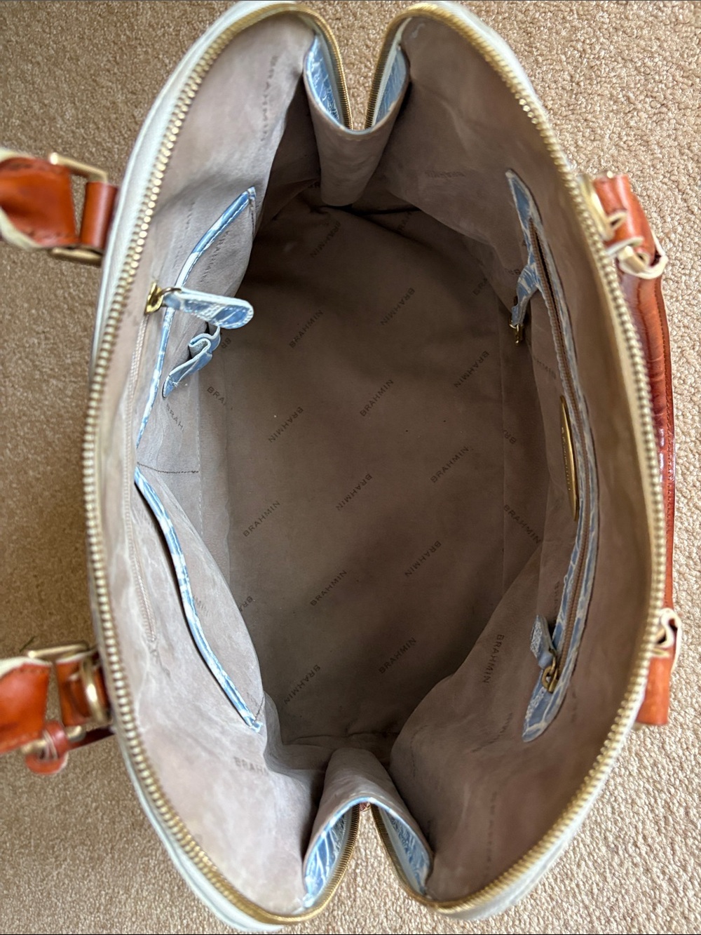 Brahmin Vivian Dome Satchel Blue Floral Embossed with Brown Trim - Picture 9 of 16